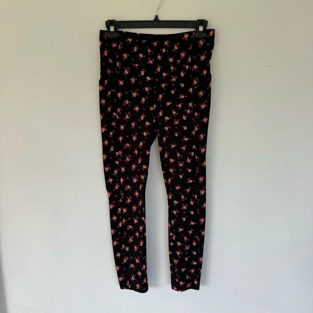 CAbi black pink high rise abstract floral stretch pocket leggings size medium